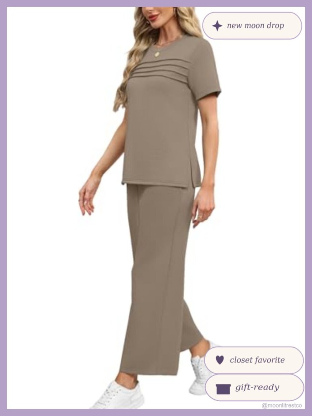 Two Piece Set Short Sleeve Top Wide Leg Crop Pants Lounge Travel - Picture 3 of 6